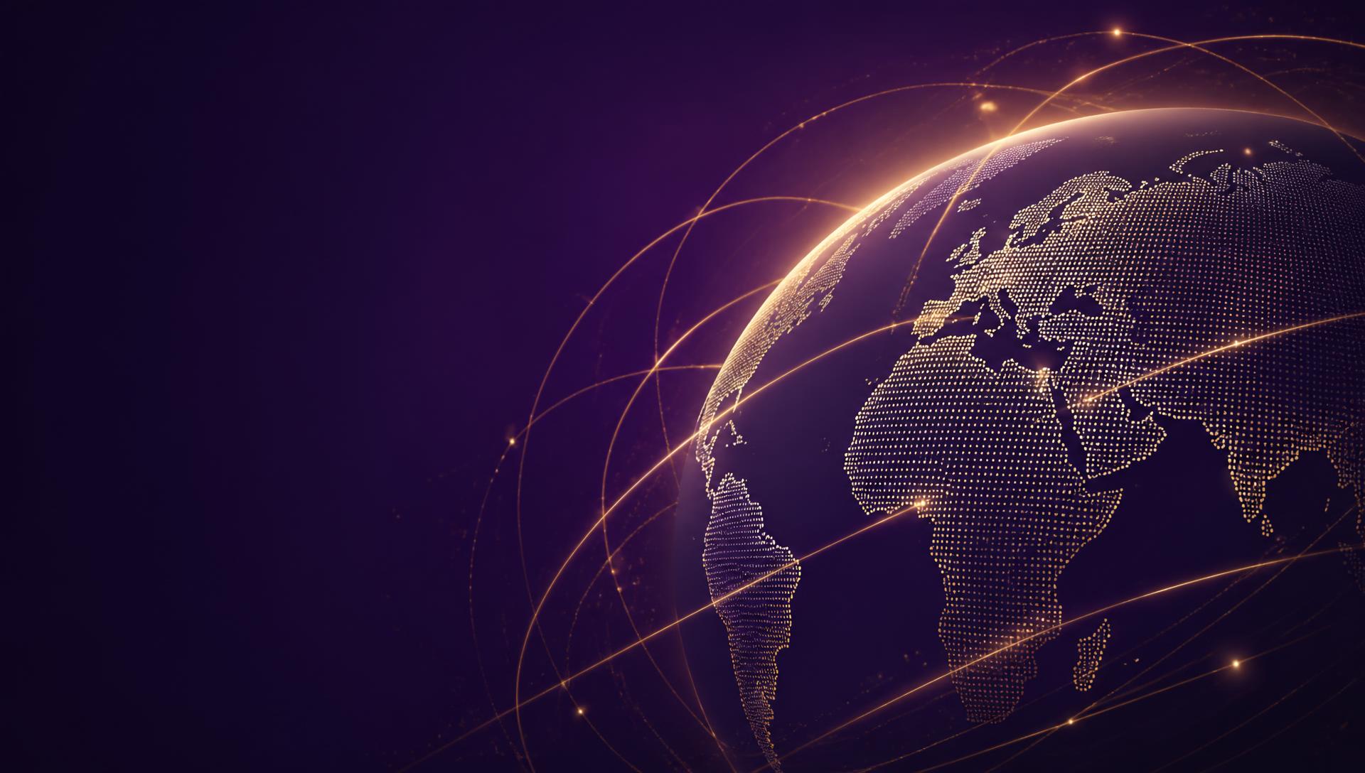 Dotted globe with gold network arcs representing global payroll operations
